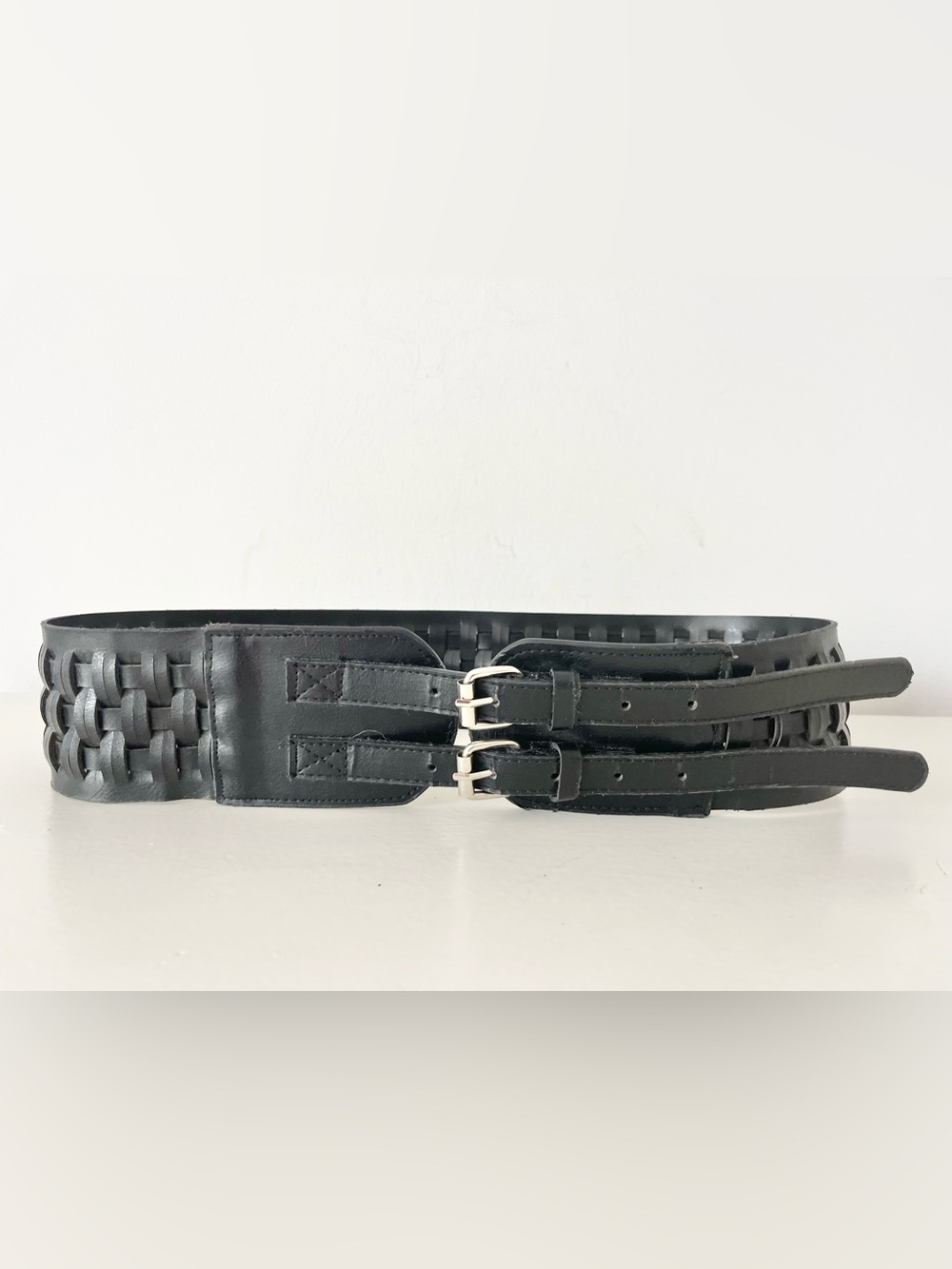 Wide black statement belt for women 2 buckles woven vegan leather large belt